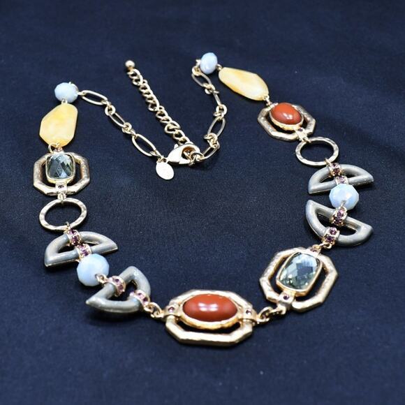 Chico’s Hammered Gold Link Necklace Faux Stones Enamel 29” Statement Jewelry - Picture 3 of 8